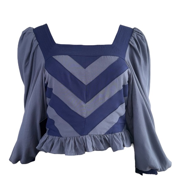 Area Stars Navy Ruffled Puff Sleeve Cropped Blouse - Picture 1 of 8